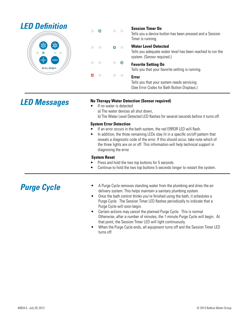 Led definition led messages, Purge cycle | Balboa Water Group Titan Bath Control User Manual | Page 52 / 66