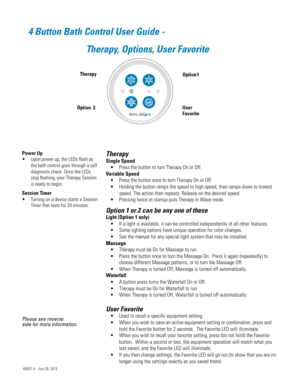 4 button bath control user guide, Therapy, options, user favorite | Balboa Water Group Titan Bath Control User Manual | Page 53 / 66