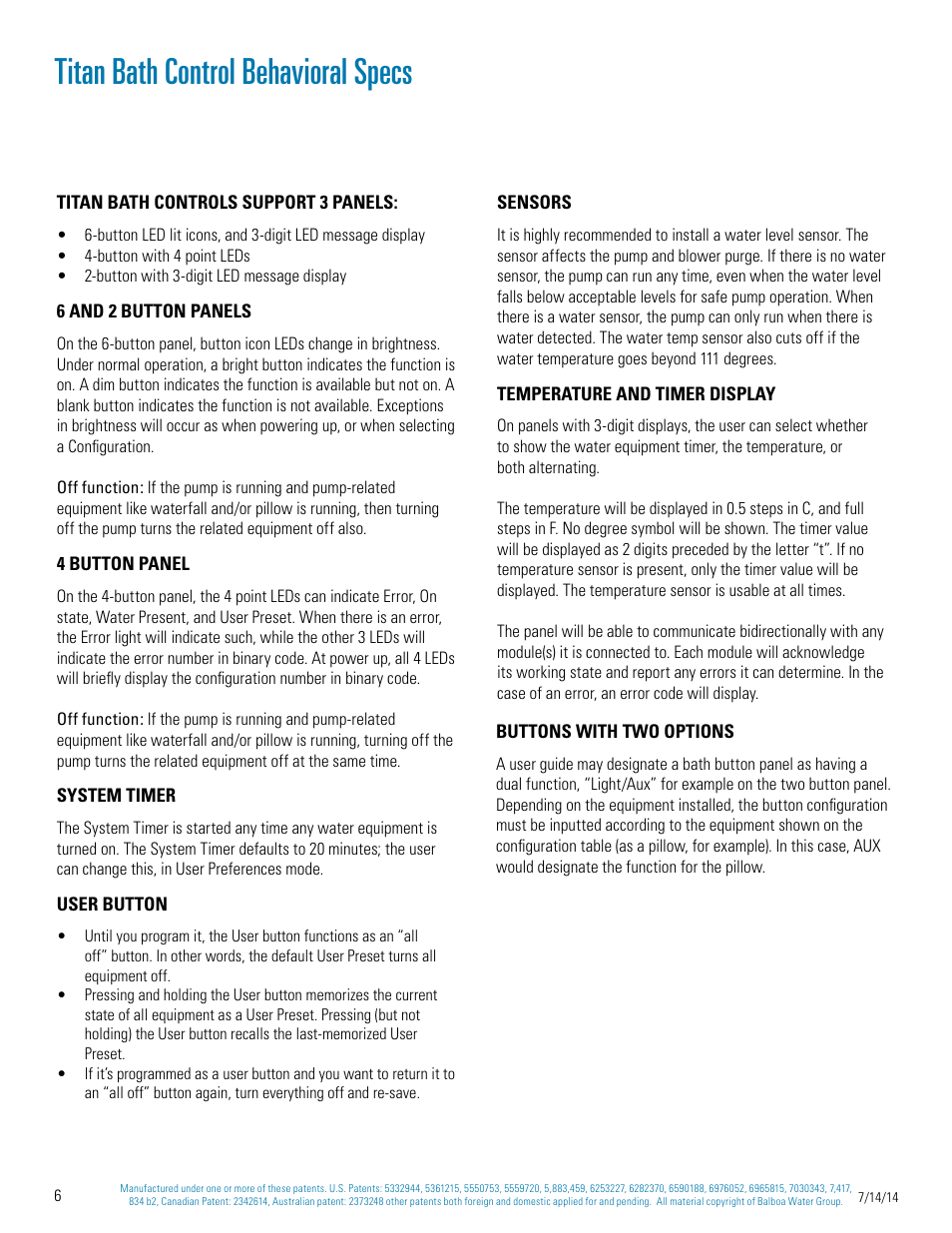 Titan bath control behavioral specs | Balboa Water Group Titan Bath Control User Manual | Page 6 / 66