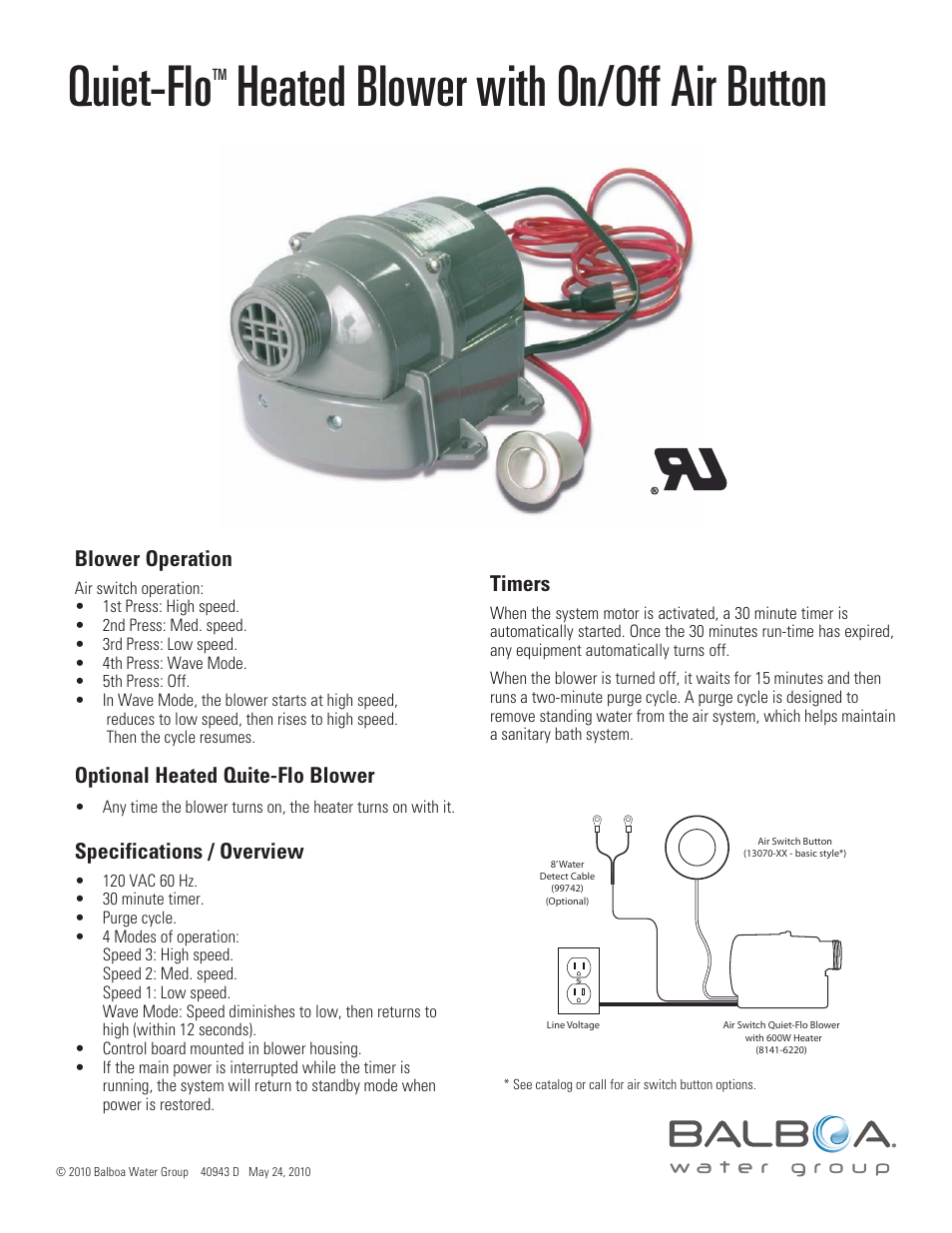 Balboa Water Group Quiet-Flo Air Switch PushButton Blower Control User Manual | 1 page