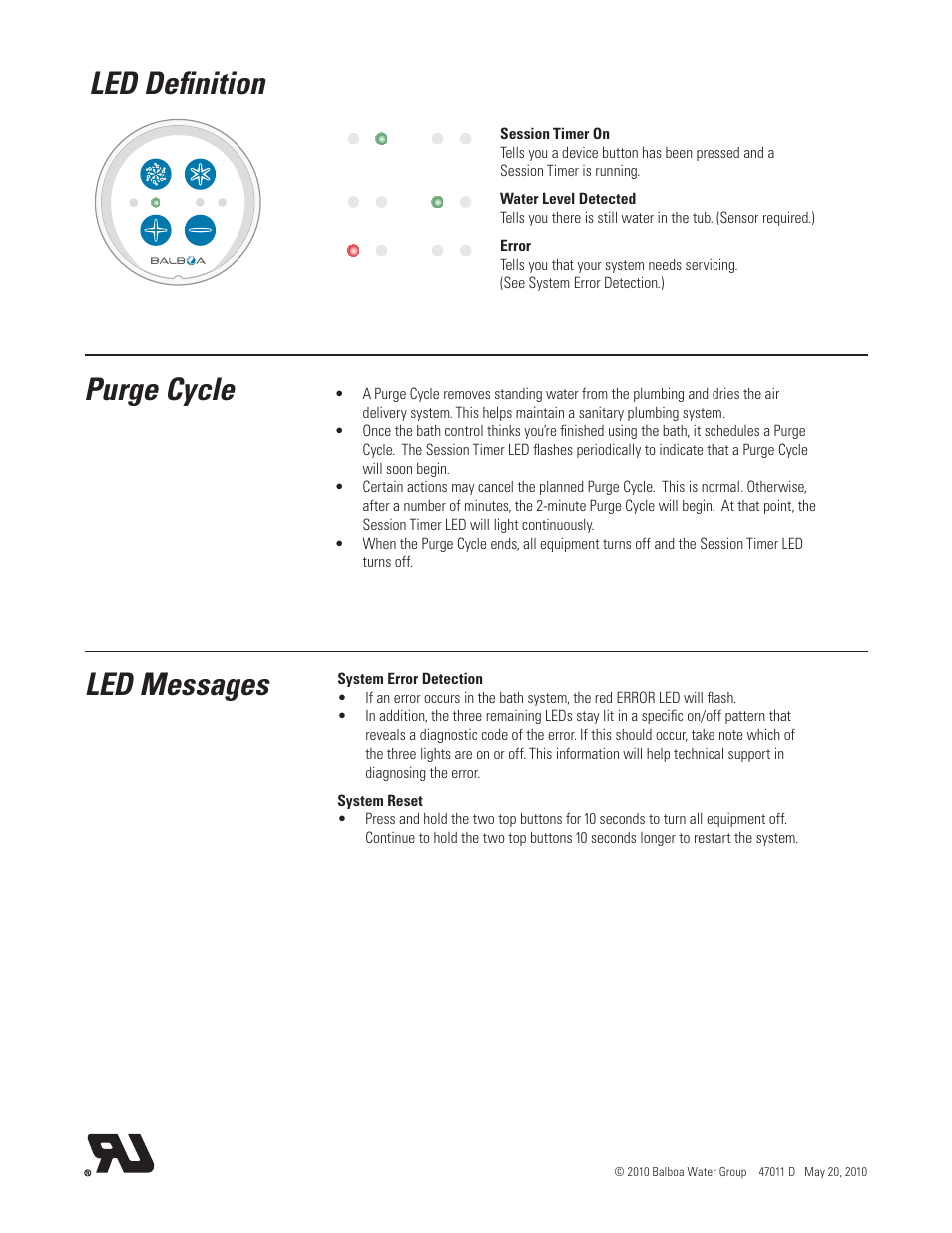 Led messages led deﬁnition purge cycle | Balboa Water Group Stand Alone Quiet-Flo Blower - 4 Buttons User Manual | Page 2 / 2