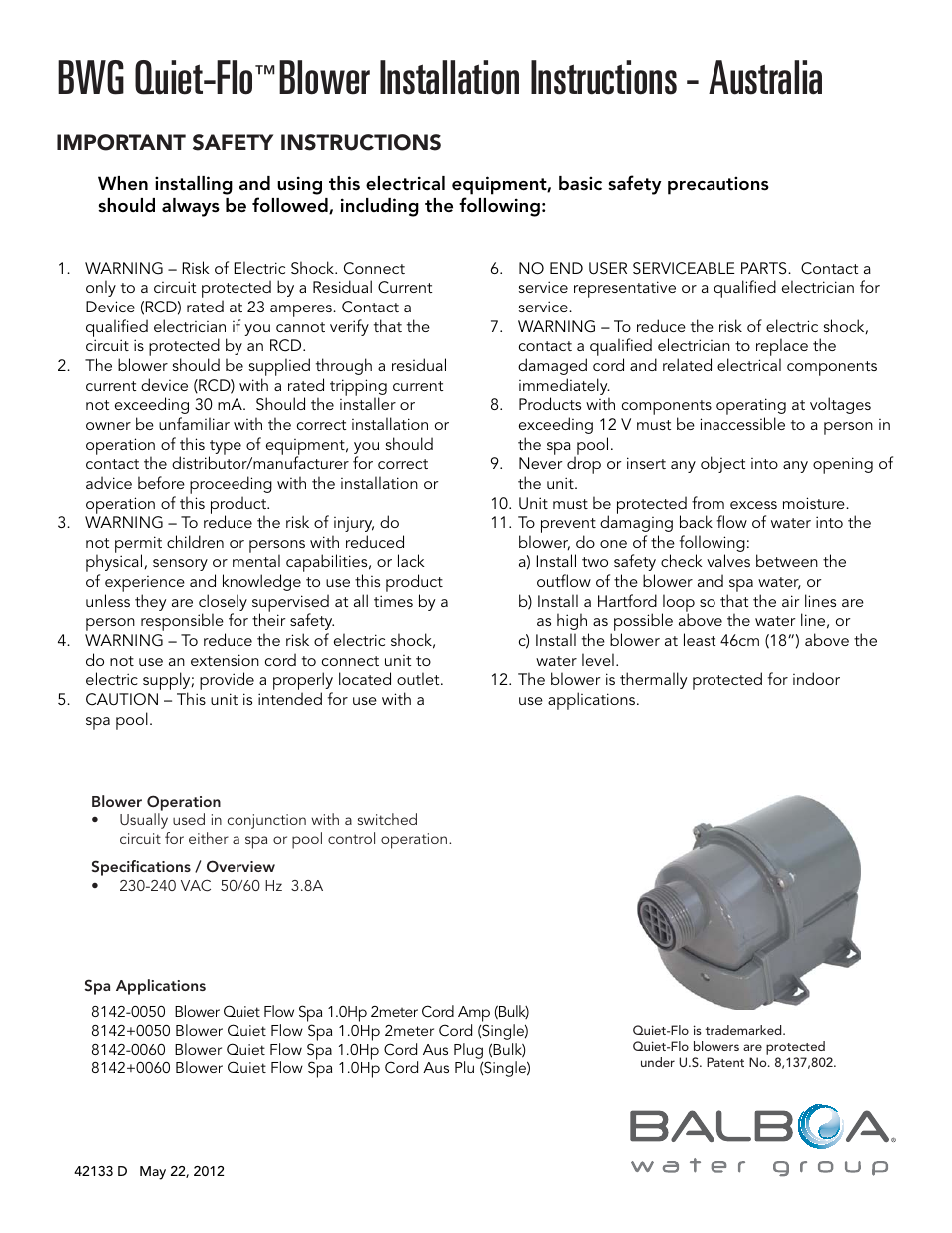 Balboa Water Group Quiet-Flo Blower (Australian) User Manual | 5 pages