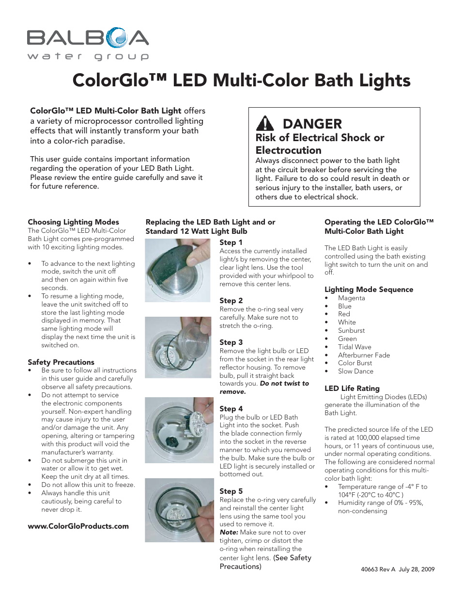 Balboa Water Group ColorGlo LED Multi-Color Bath Lights User Manual | 1 page