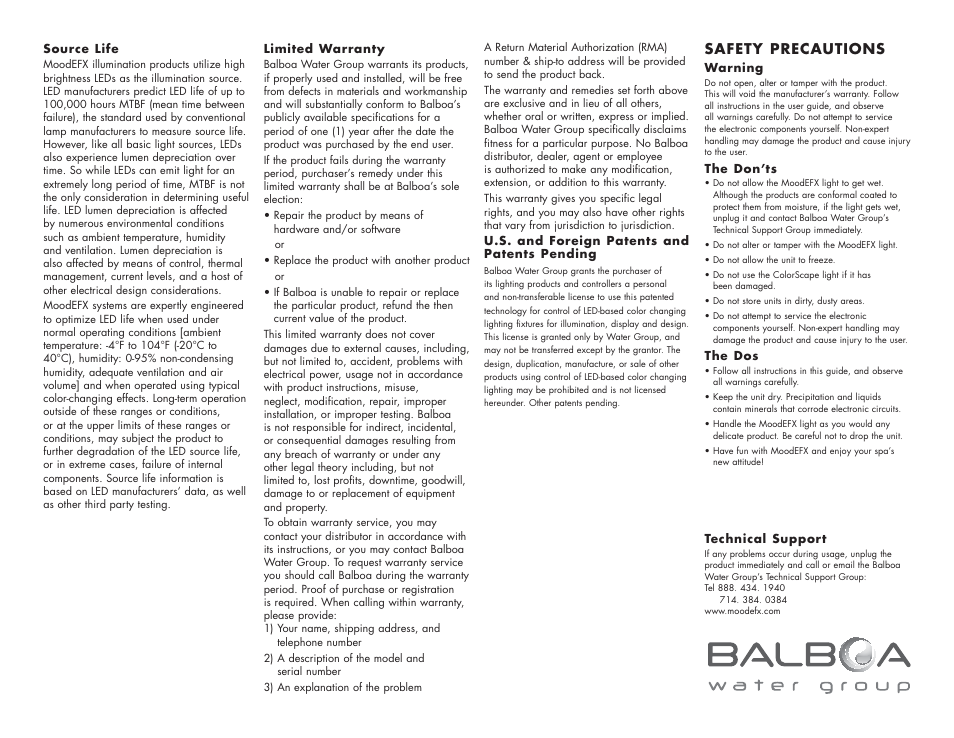 Safety precautions | Balboa Water Group MoodEFX User Manual | Page 2 / 2