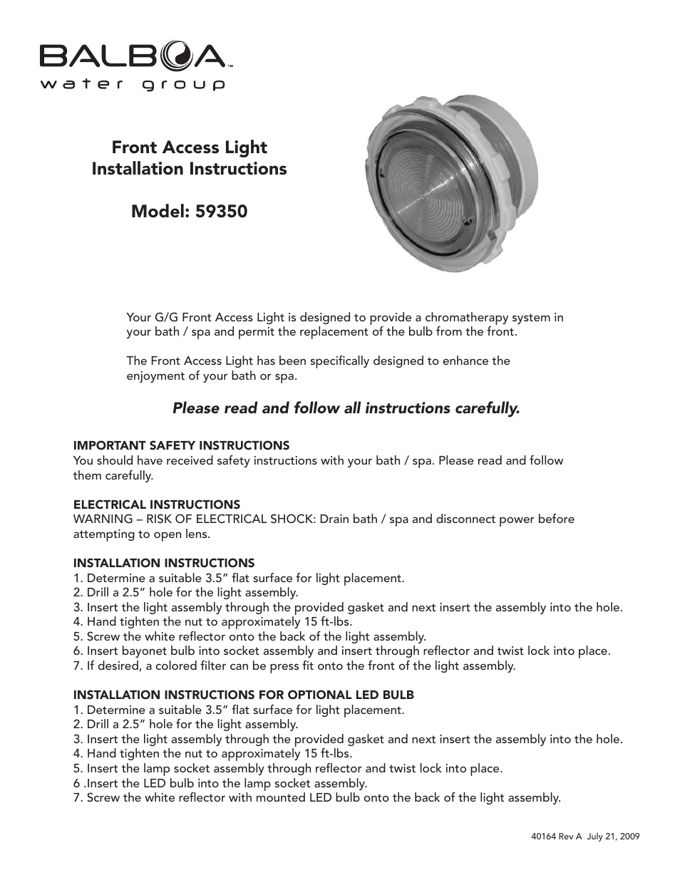 Balboa Water Group 59350 Front Access Light User Manual | 2 pages