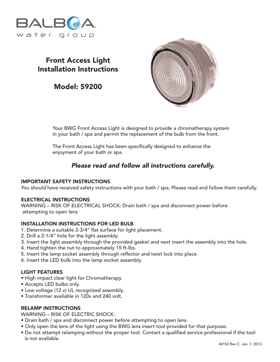 Balboa Water Group 59200 Chromatherapy Front Access Light User Manual | 2 pages