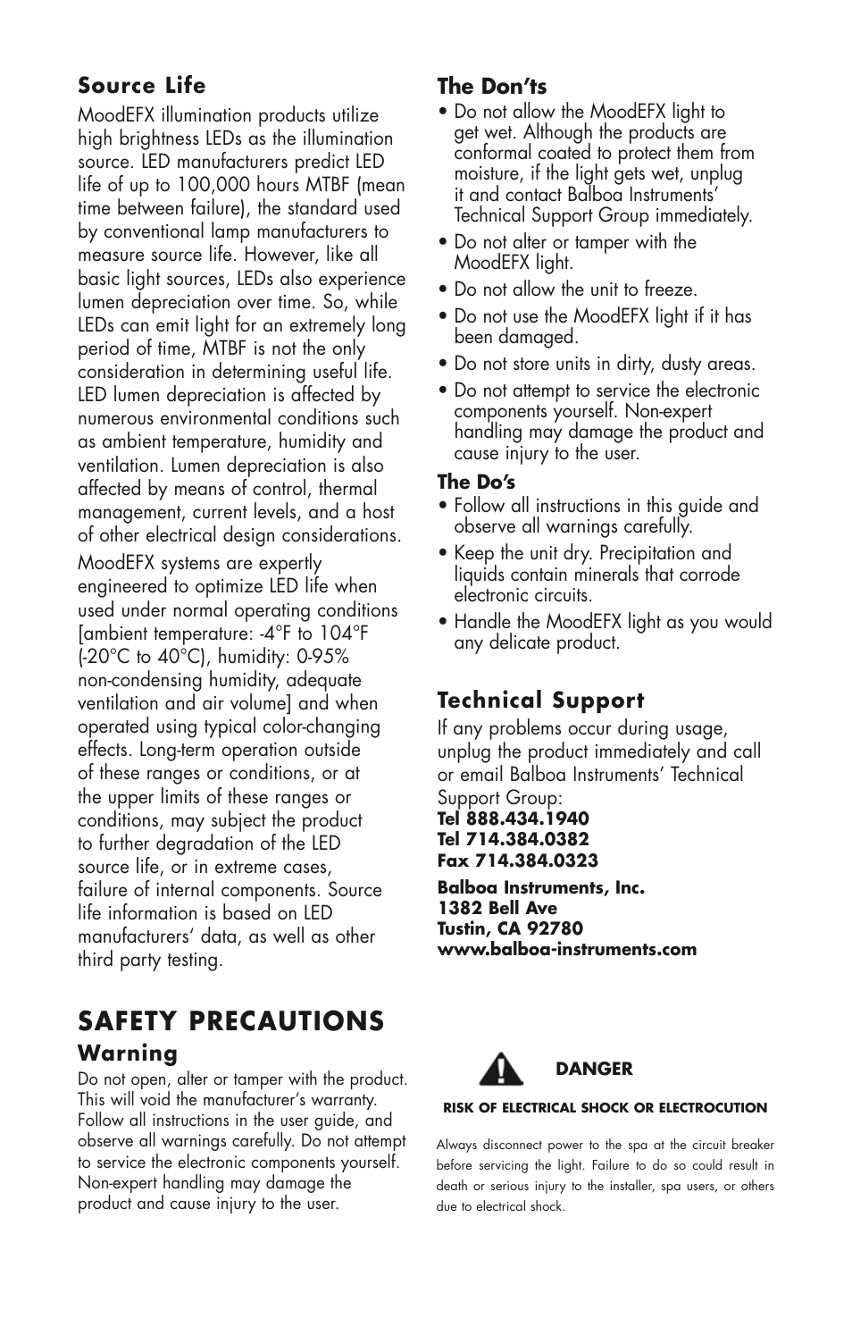 Safety precautions | Balboa Water Group MoodEFX LED String Lights User Manual | Page 2 / 4