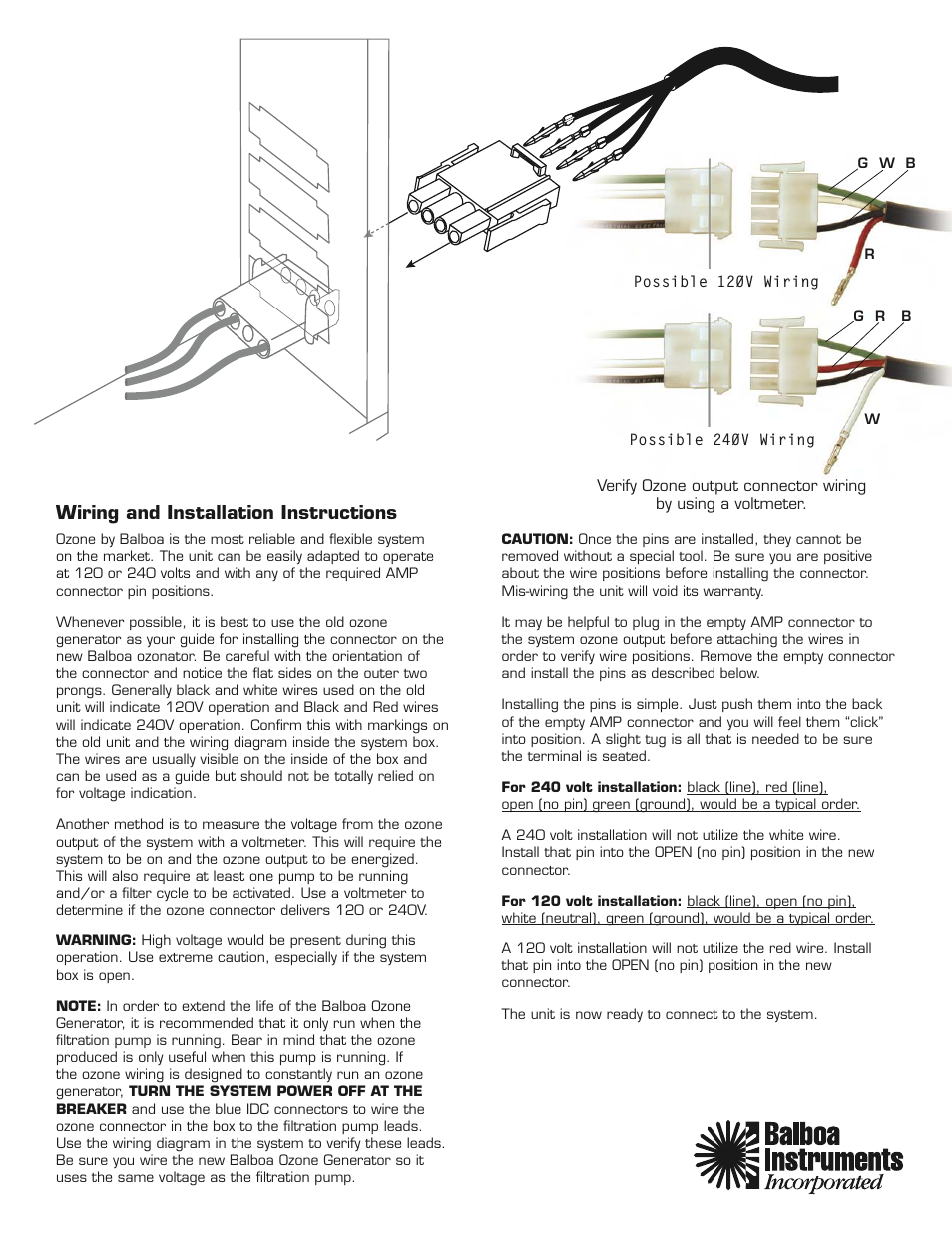 Wiring and installation instructions | Balboa Water Group Ozone Wiring User Manual | Page 2 / 2