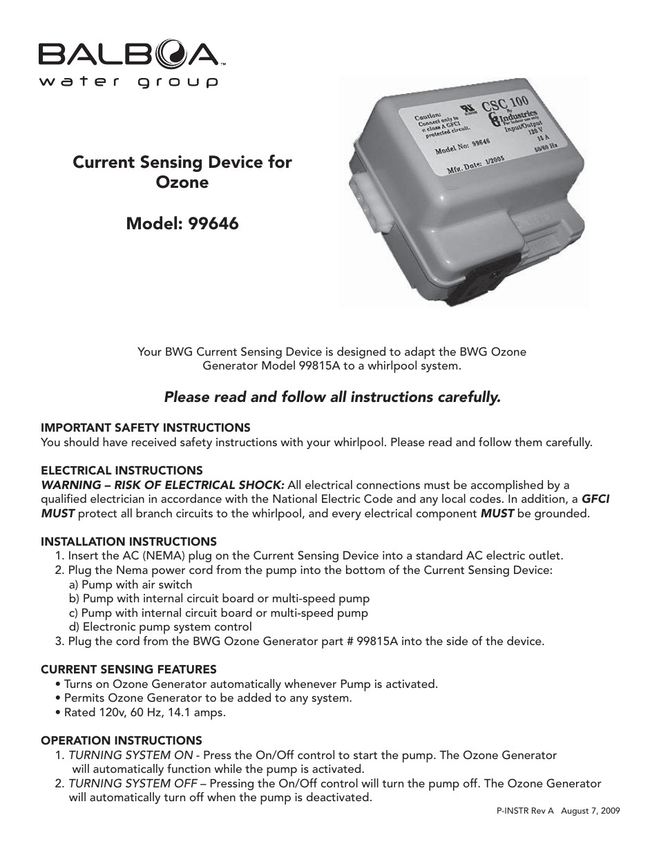 Balboa Water Group Current Sensing Device for Ozone, 99646 User Manual | 2 pages