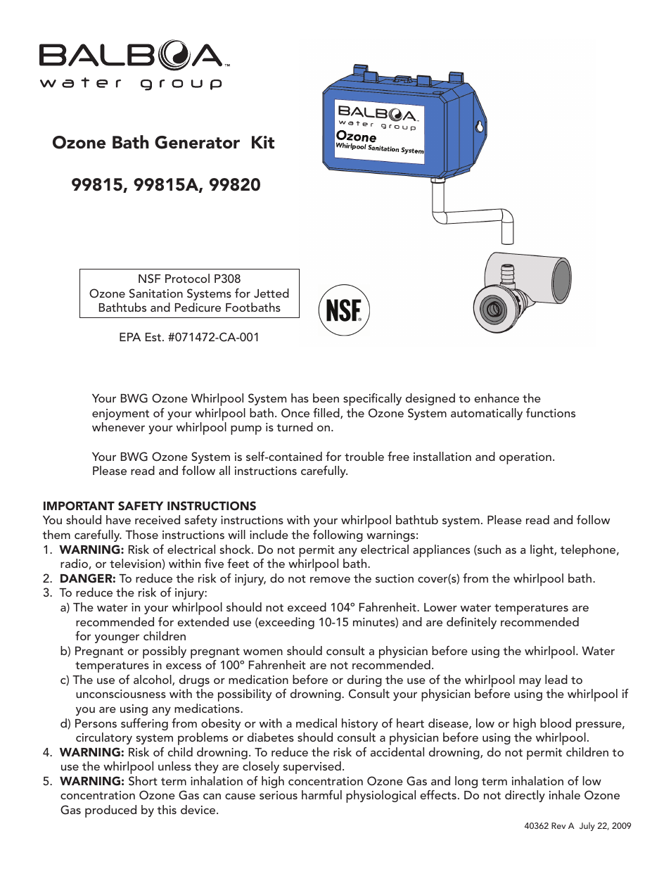 Balboa Water Group Ozone Bath Generator Kit 99815 User Manual | 2 pages