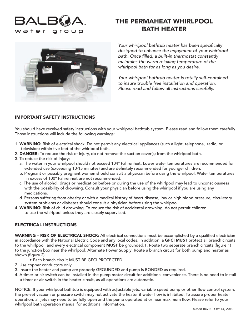 Balboa Water Group Permaheat Whirlpool Bath Heater User Manual | 2 pages
