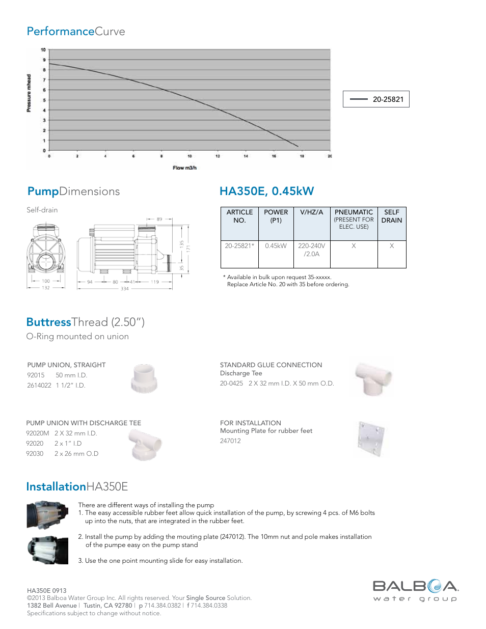 Pump dimensions buttress thread (2.50”), Installation ha350e | Balboa Water Group HA350E User Manual | Page 2 / 5