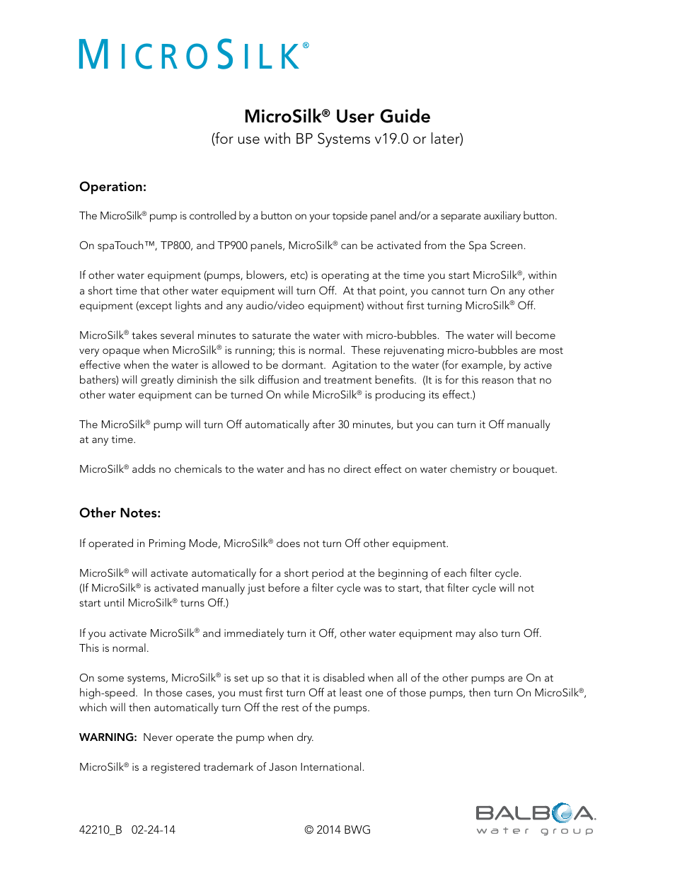 Balboa Water Group MicroSilk User Manual | 1 page