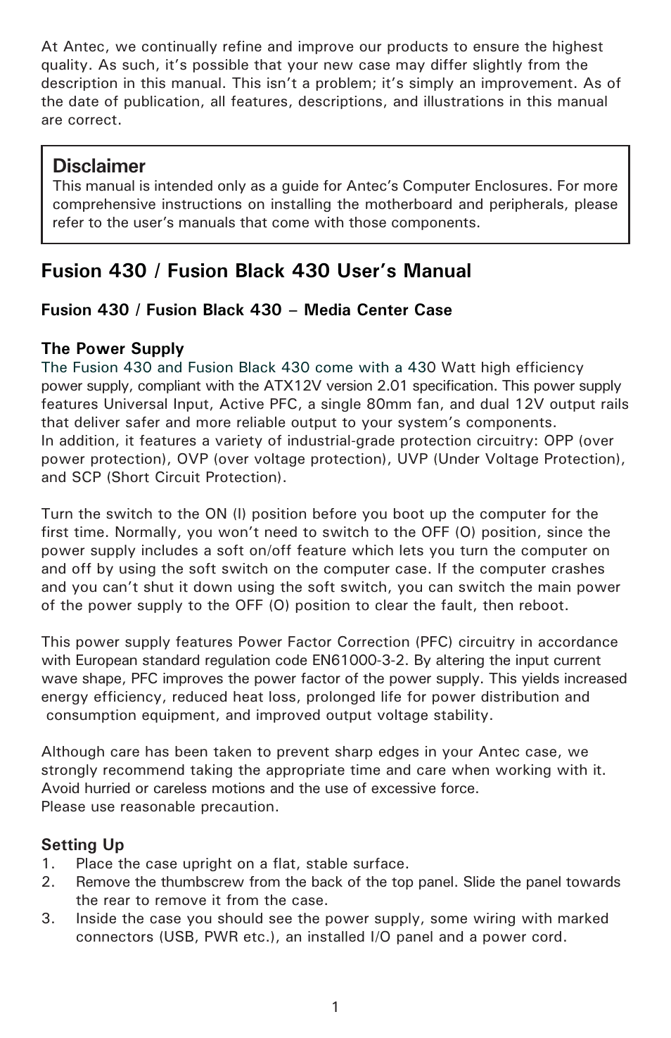 Disclaimer | Antec FUSION 430 User Manual | Page 2 / 9