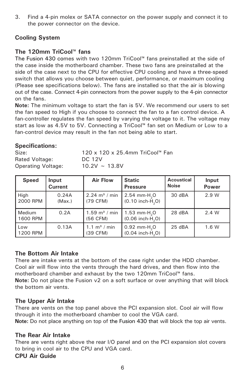 Cooling system the 120mm tricool™ fans, Specifications, The bottom air intake | The upper air intake, The rear air intake, Cpu air guide | Antec FUSION 430 User Manual | Page 7 / 9