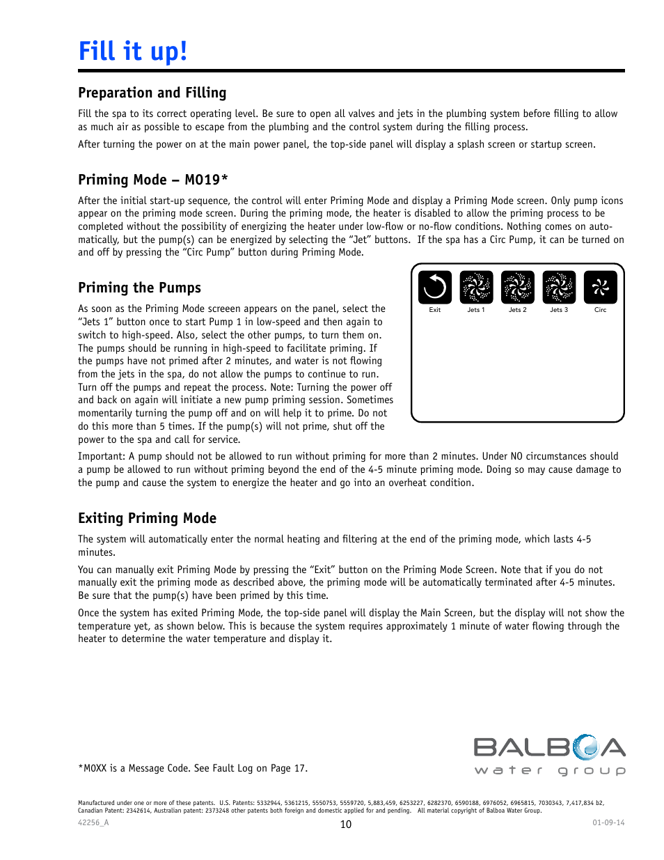 Fill it up, F – – –°c, Preparation and filling | Priming mode – m019, Priming the pumps, Exiting priming mode | Balboa Water Group spaTouch Menu Panel User Manual | Page 10 / 28