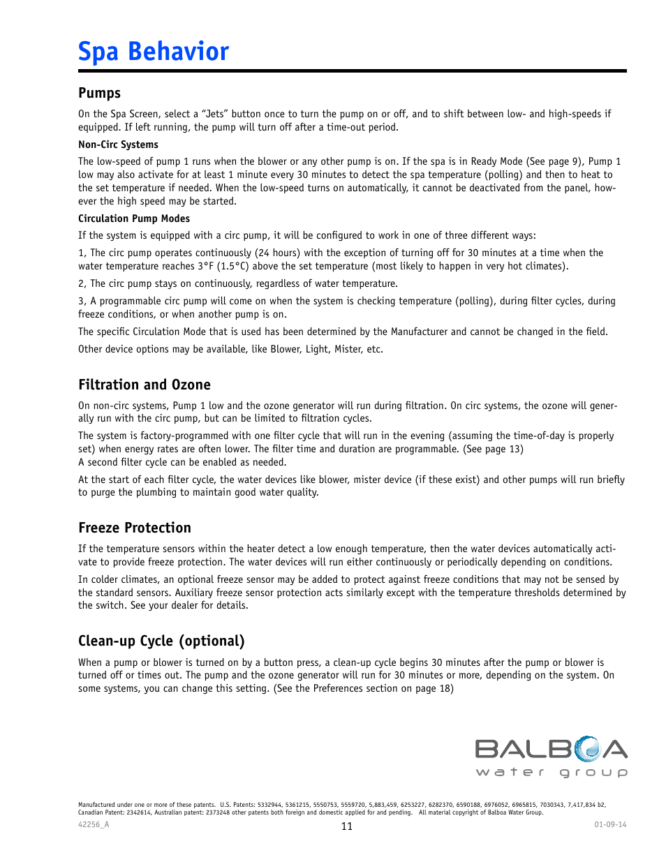 Spa behavior, Pumps, Filtration and ozone | Freeze protection, Clean-up cycle (optional) | Balboa Water Group spaTouch Menu Panel User Manual | Page 11 / 28