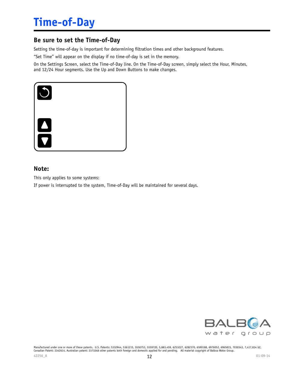 Time-of-day, Be sure to set the time-of-day | Balboa Water Group spaTouch Menu Panel User Manual | Page 12 / 28