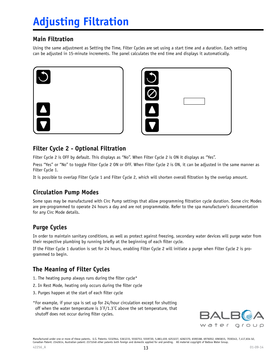 Adjusting filtration, Main filtration, Filter cycle 2 - optional filtration | Circulation pump modes, Purge cycles, The meaning of filter cycles | Balboa Water Group spaTouch Menu Panel User Manual | Page 13 / 28