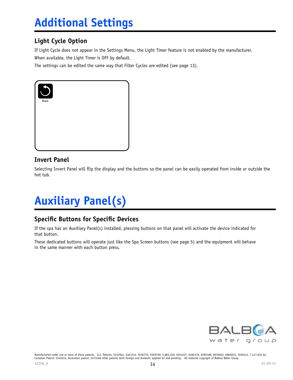 Additional settings auxiliary panel(s) | Balboa Water Group spaTouch Menu Panel User Manual | Page 14 / 28