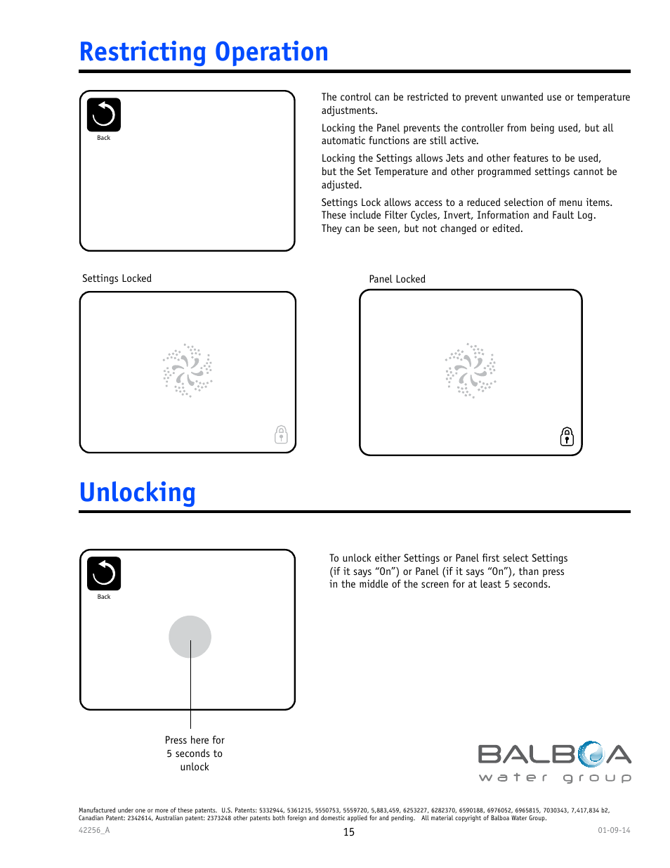 102°f, Restricting operation unlocking | Balboa Water Group spaTouch Menu Panel User Manual | Page 15 / 28