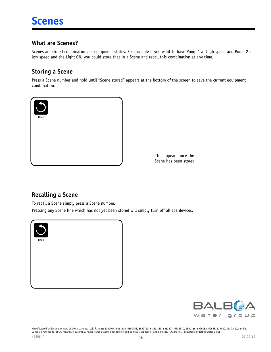 Scenes, Recalling a scene, What are scenes | Storing a scene | Balboa Water Group spaTouch Menu Panel User Manual | Page 16 / 28