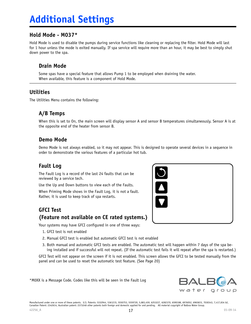 Additional settings, Hold mode - m037, Drain mode | Utilities, A/b temps, Demo mode, Fault log | Balboa Water Group spaTouch Menu Panel User Manual | Page 17 / 28