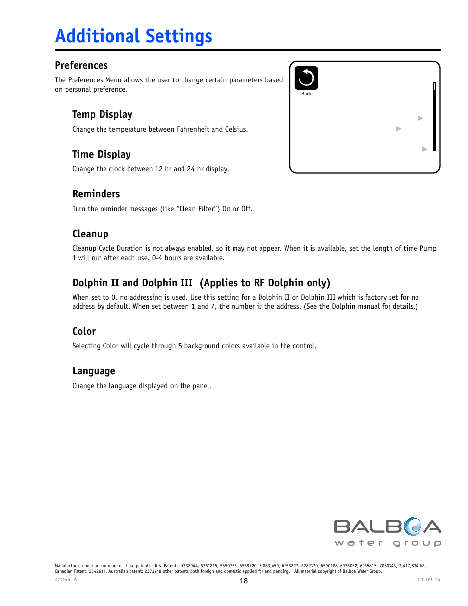 Additional settings, Preferences, Temp display | Time display, Reminders, Cleanup, Color, Language | Balboa Water Group spaTouch Menu Panel User Manual | Page 18 / 28