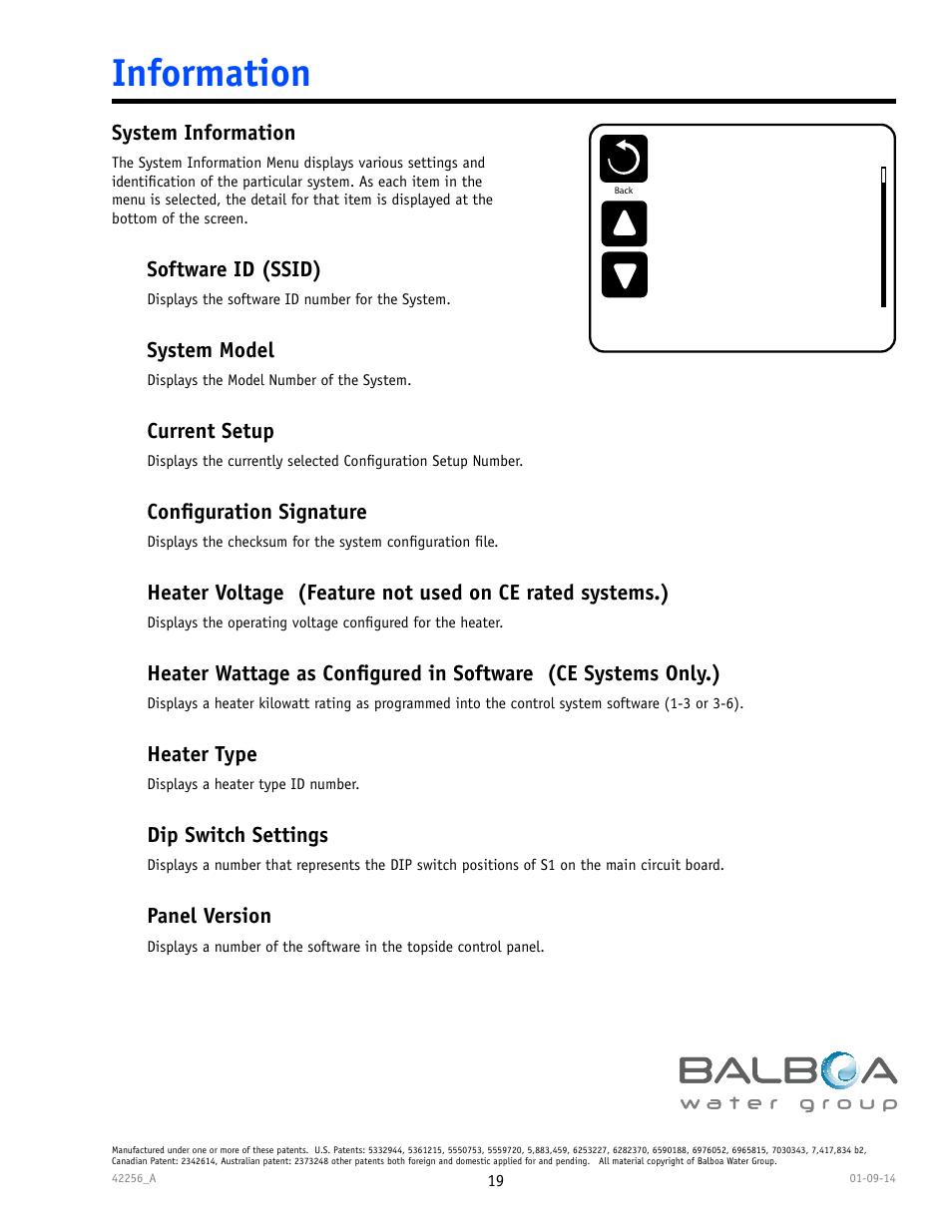 Information, System information, Software id (ssid) | System model, Current setup, Conﬁguration signature, Heater type, Dip switch settings, Panel version | Balboa Water Group spaTouch Menu Panel User Manual | Page 19 / 28