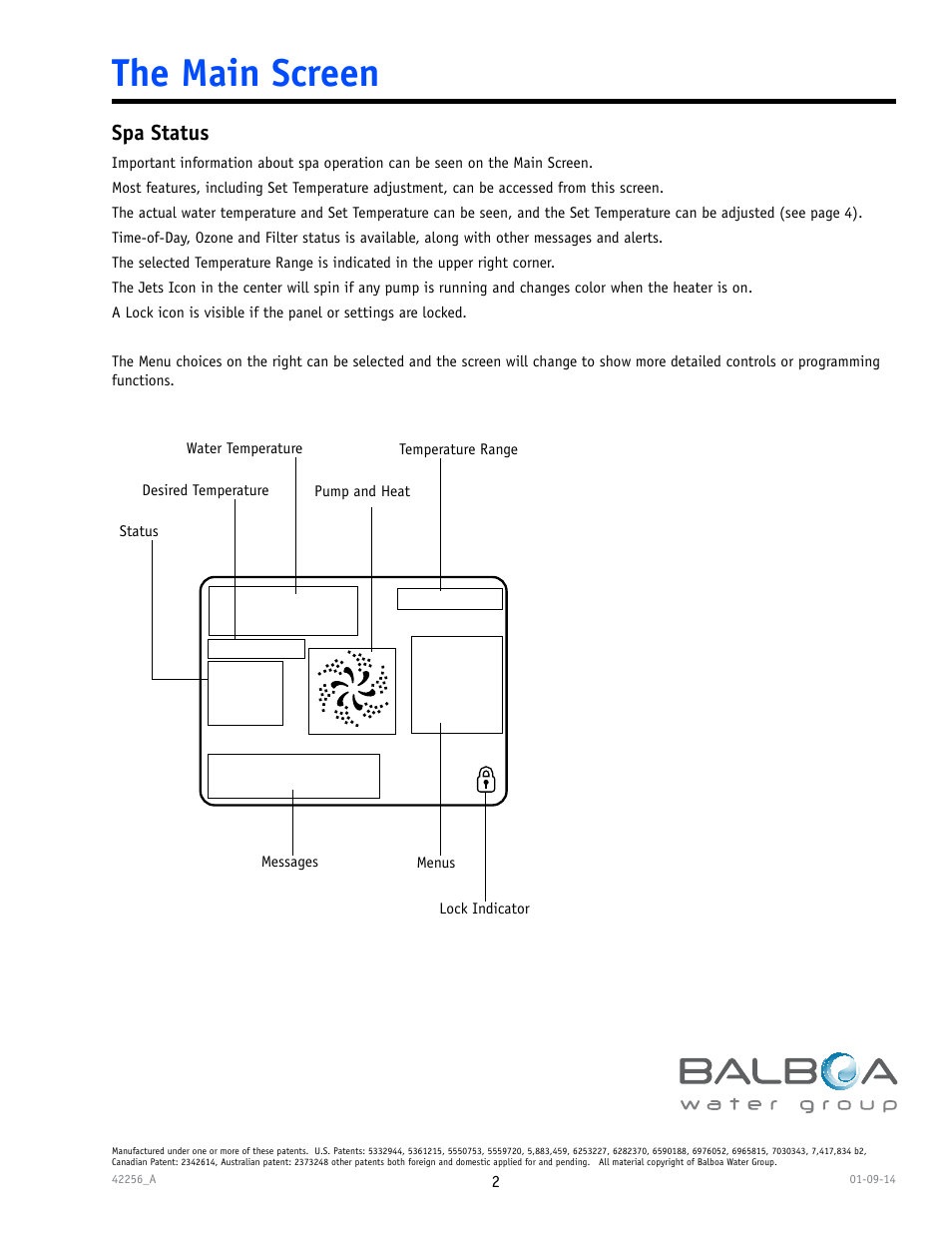 102°f, The main screen, Spa status | Balboa Water Group spaTouch Menu Panel User Manual | Page 2 / 28