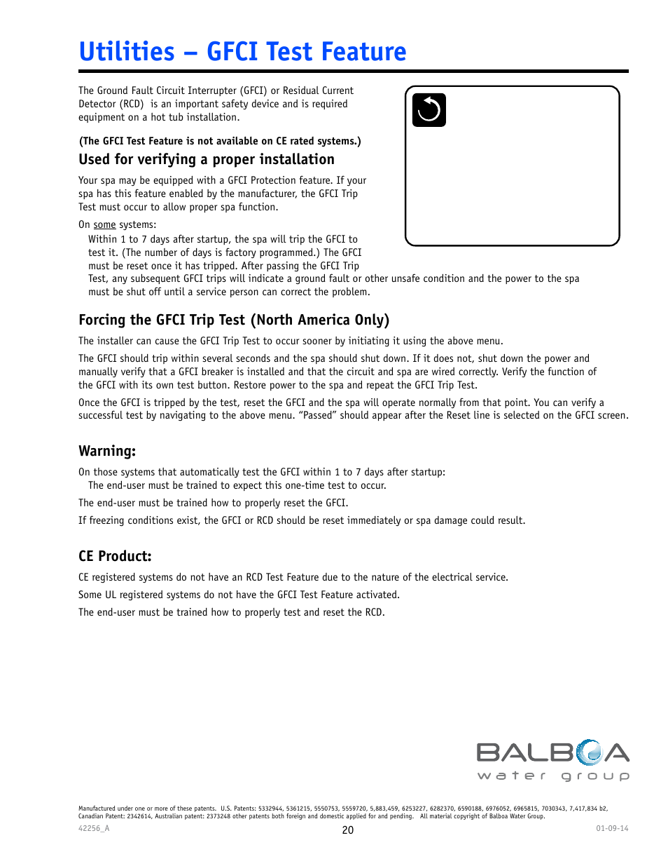 Utilities – gfci test feature, Used for verifying a proper installation, Forcing the gfci trip test (north america only) | Warning, Ce product | Balboa Water Group spaTouch Menu Panel User Manual | Page 20 / 28