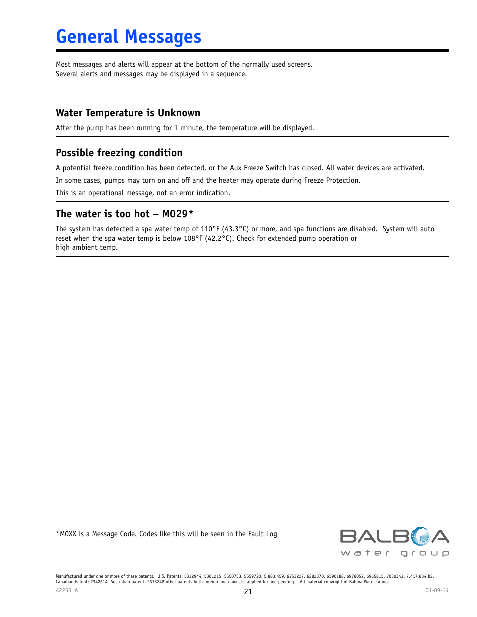 General messages, F – – –°c | Balboa Water Group spaTouch Menu Panel User Manual | Page 21 / 28