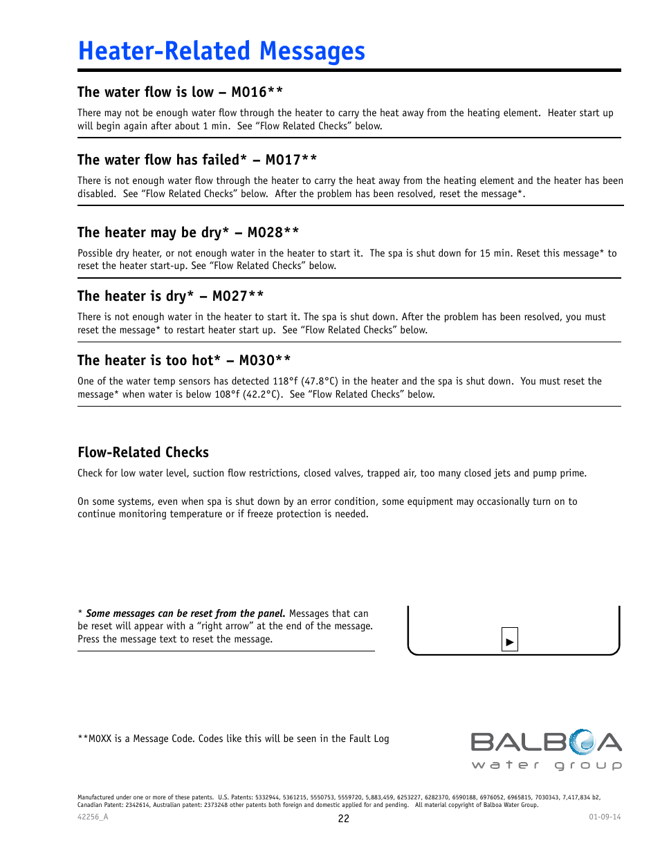 Heater-related messages, The water ﬂow is low – m016, The water ﬂow has failed* – m017 | The heater may be dry* – m028, The heater is dry* – m027, The heater is too hot* – m030, Flow-related checks | Balboa Water Group spaTouch Menu Panel User Manual | Page 22 / 28