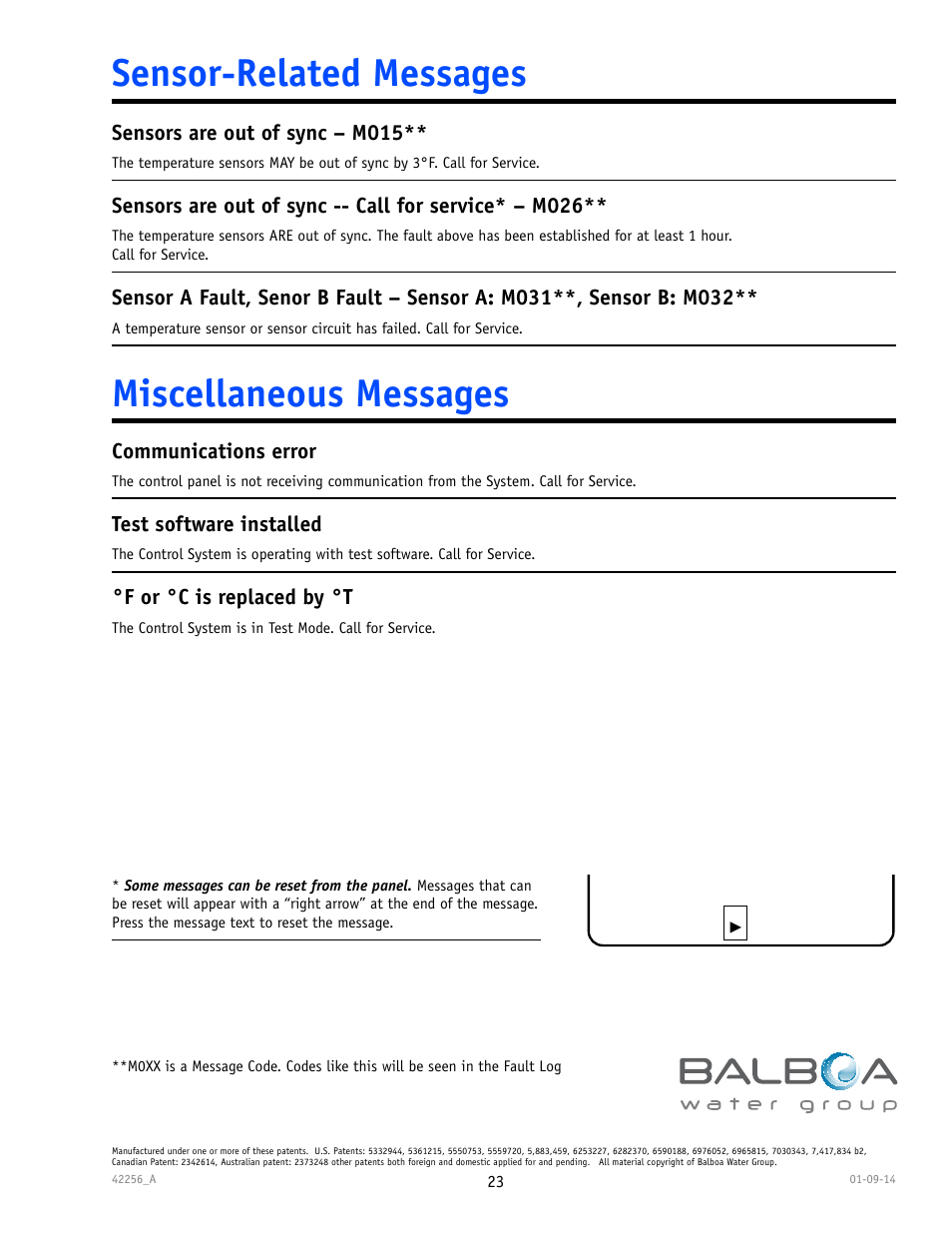 Sensor-related messages miscellaneous messages | Balboa Water Group spaTouch Menu Panel User Manual | Page 23 / 28