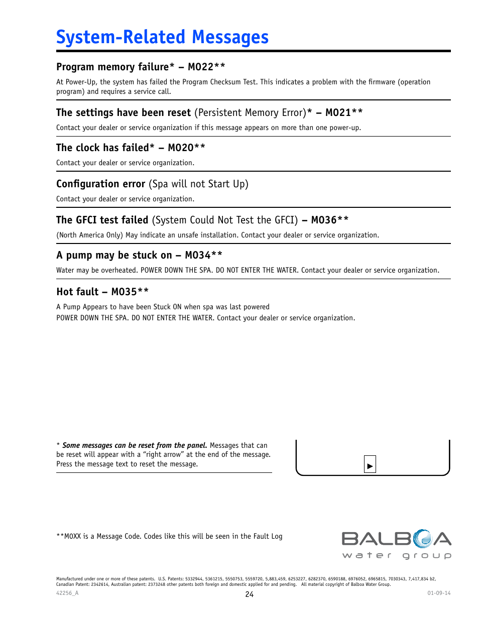 System-related messages, The clock has failed* – m020, Hot fault – m035 | A pump may be stuck on – m034, Conﬁguration error (spa will not start up) | Balboa Water Group spaTouch Menu Panel User Manual | Page 24 / 28