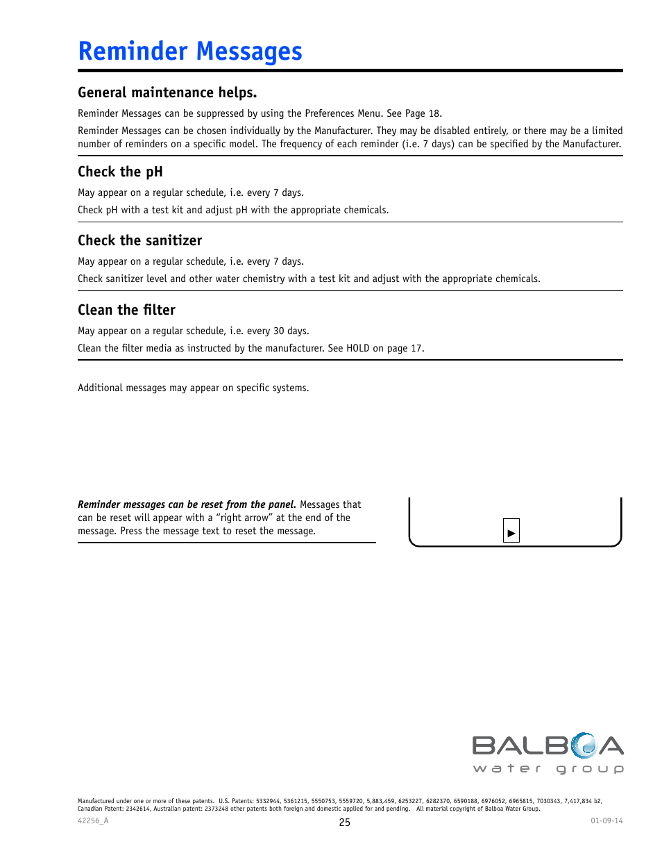 Reminder messages, Check the ph, Check the sanitizer | Clean the ﬁlter, General maintenance helps | Balboa Water Group spaTouch Menu Panel User Manual | Page 25 / 28