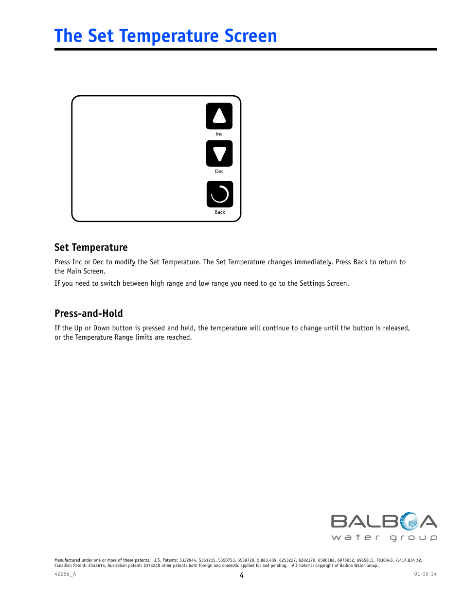 101°f, Bp1500 tech sheet, The set temperature screen | Balboa Water Group spaTouch Menu Panel User Manual | Page 4 / 28