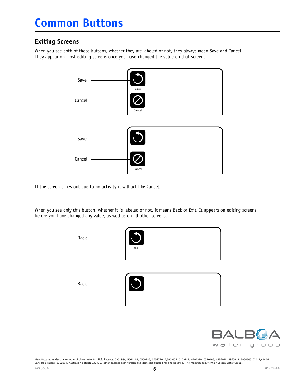 Common buttons, Exiting screens | Balboa Water Group spaTouch Menu Panel User Manual | Page 6 / 28