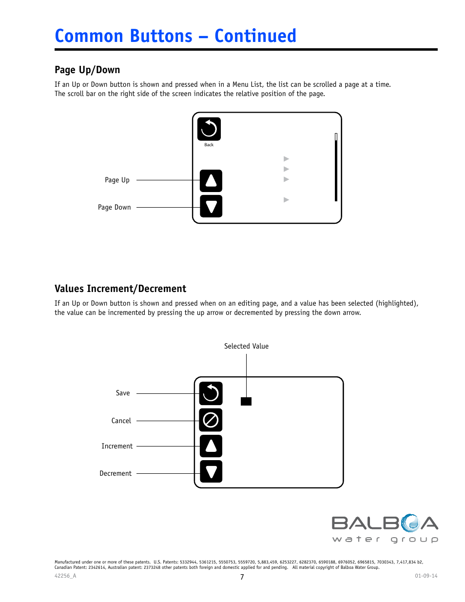Common buttons – continued, Page up/down, Values increment/decrement | Balboa Water Group spaTouch Menu Panel User Manual | Page 7 / 28