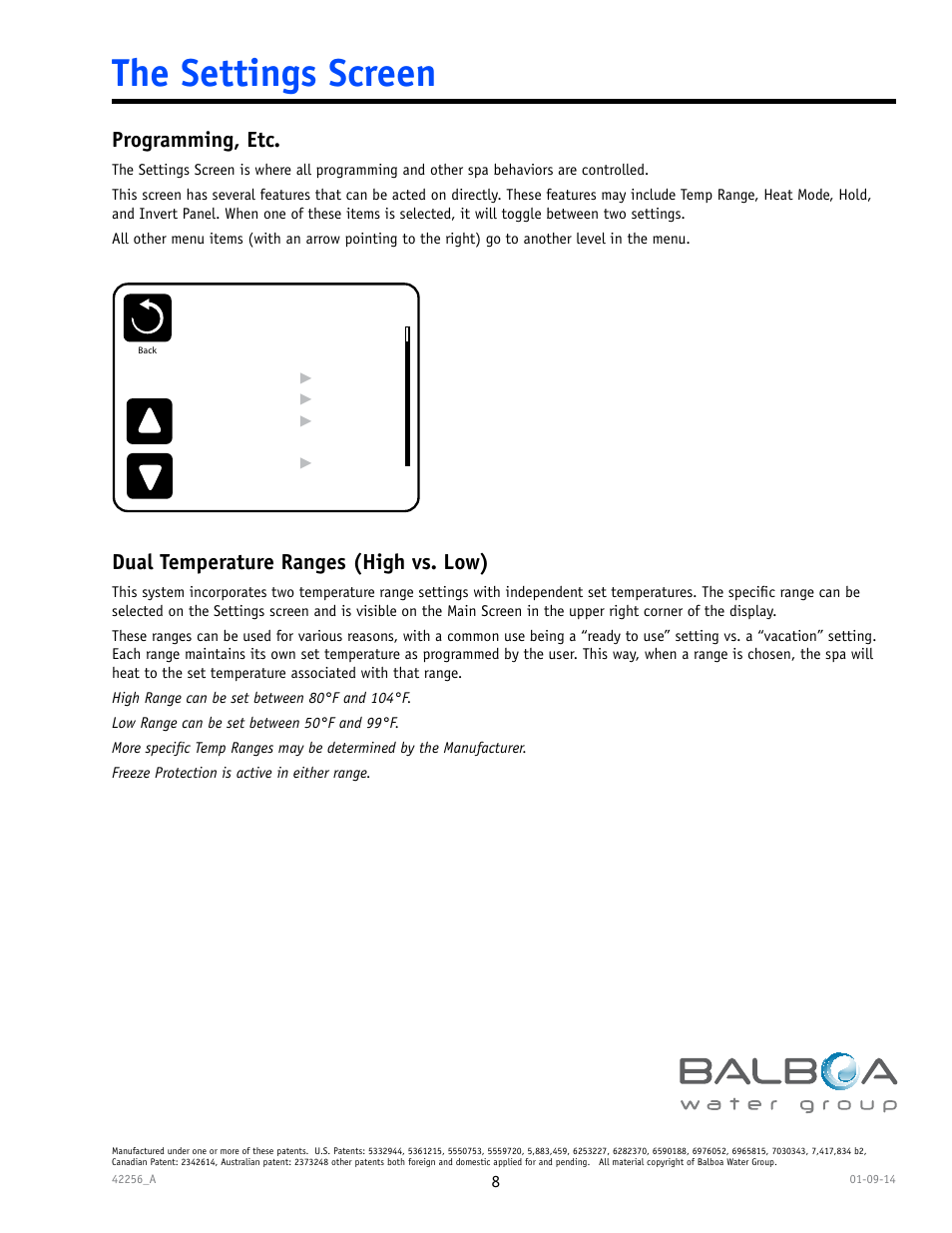 The settings screen, Programming, etc, Dual temperature ranges (high vs. low) | Balboa Water Group spaTouch Menu Panel User Manual | Page 8 / 28