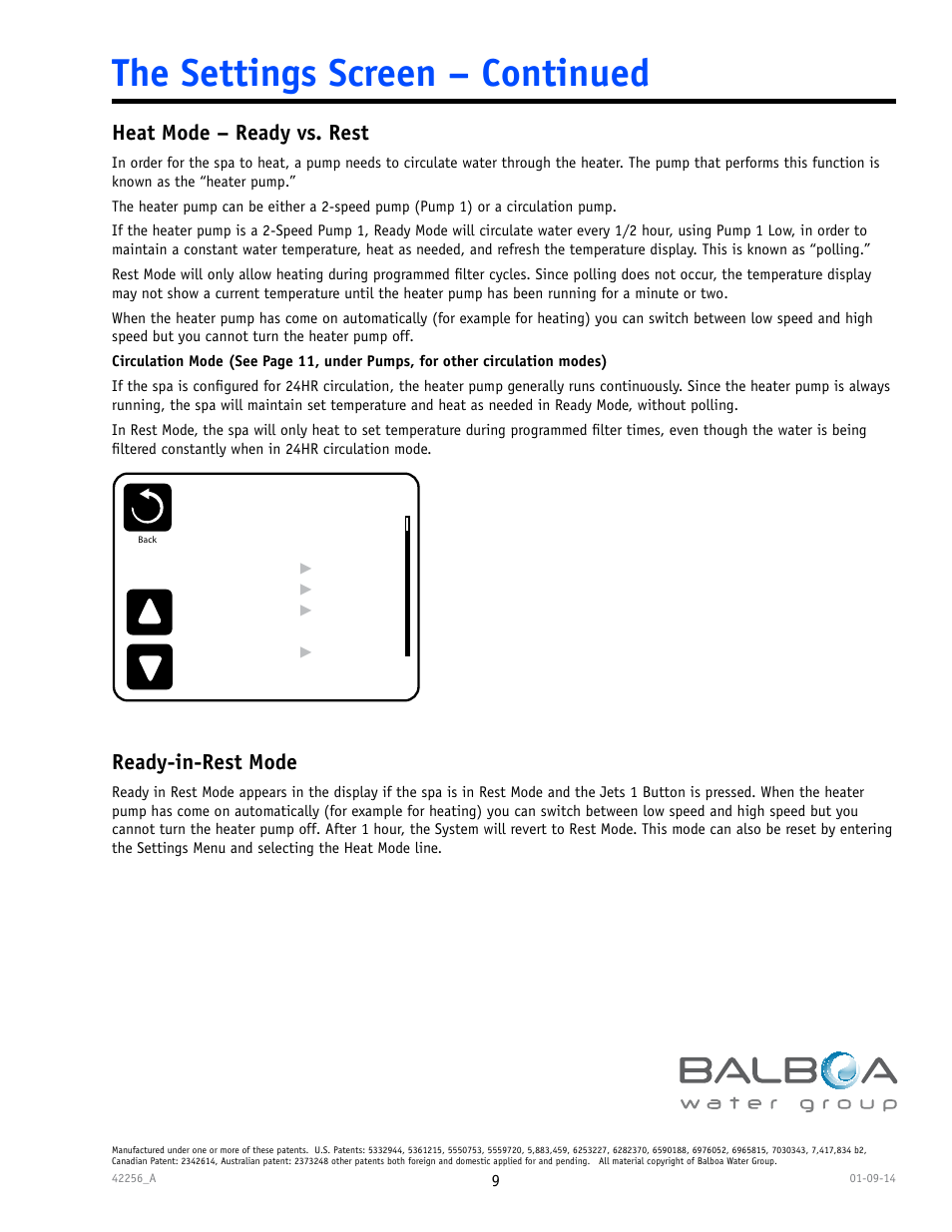 The settings screen – continued, Heat mode – ready vs. rest, Ready-in-rest mode | Balboa Water Group spaTouch Menu Panel User Manual | Page 9 / 28