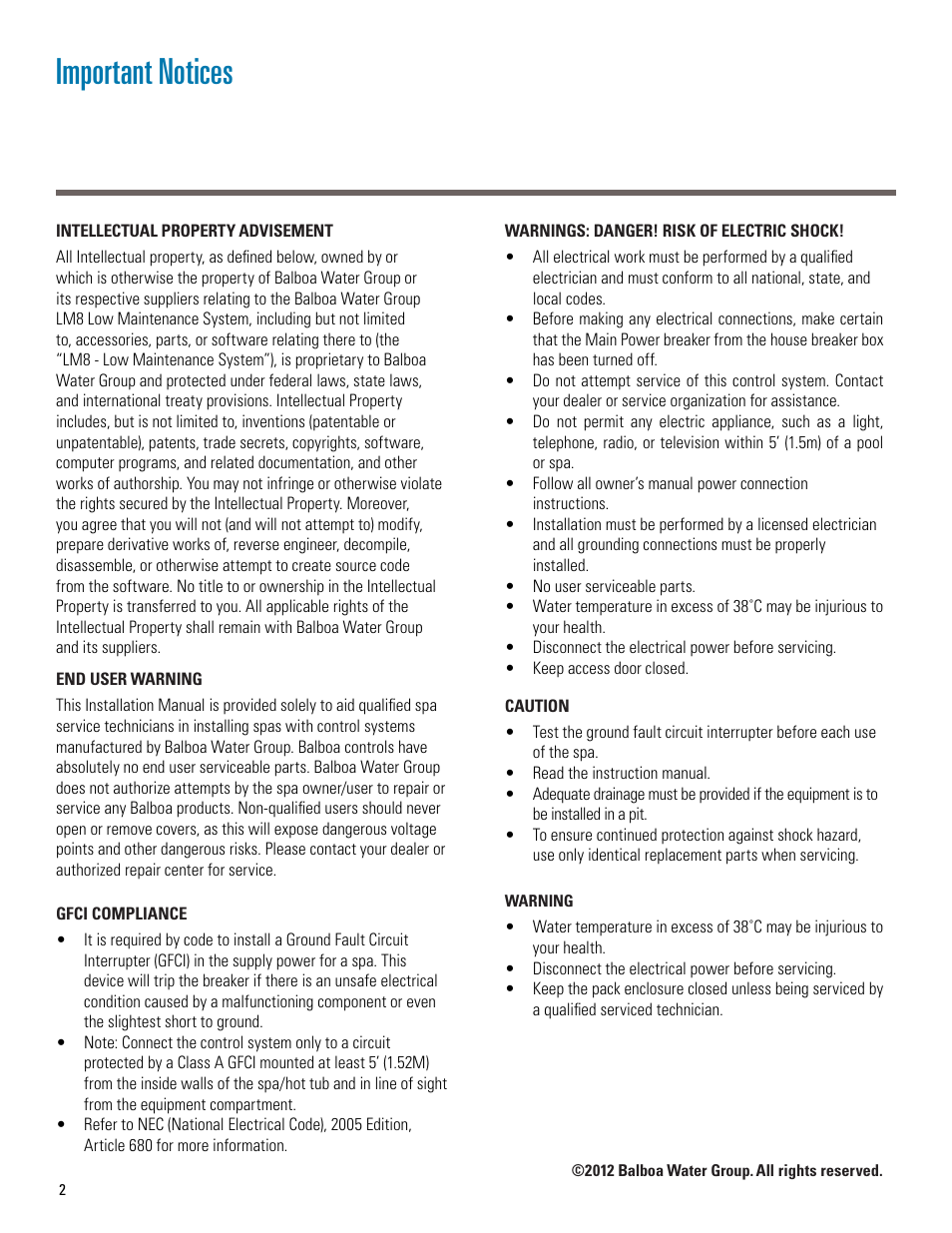 Important notices | Balboa Water Group LM8 User Manual | Page 2 / 14