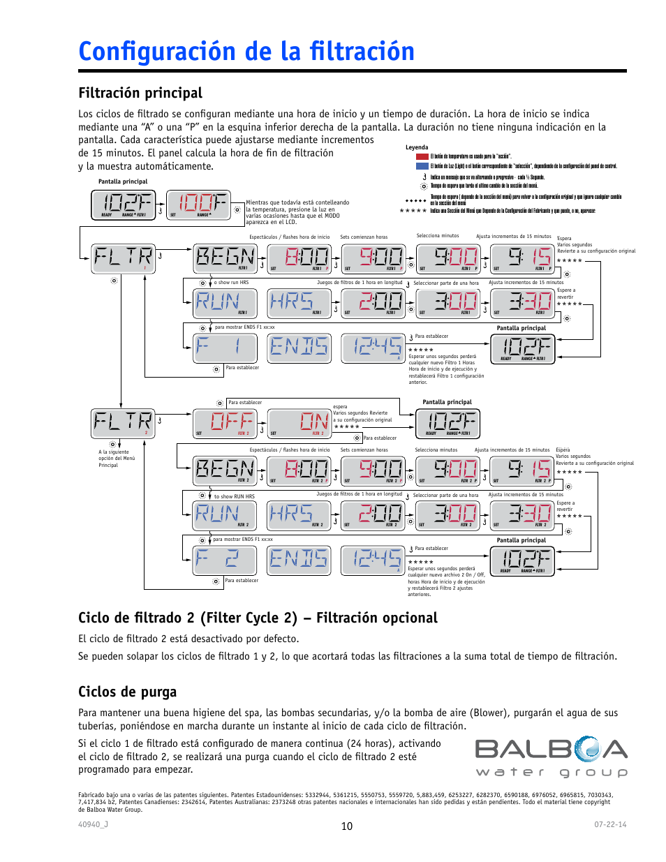 Conﬁguración de la ﬁltración, Filtración principal, Ciclos de purga | Balboa Water Group TP600 User Manual | Page 10 / 25