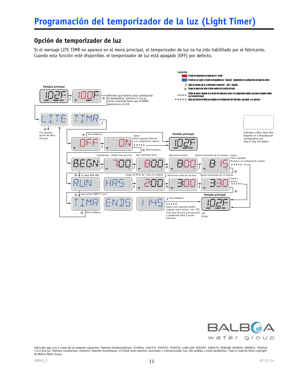 Opción de temporizador de luz | Balboa Water Group TP600 User Manual | Page 11 / 25