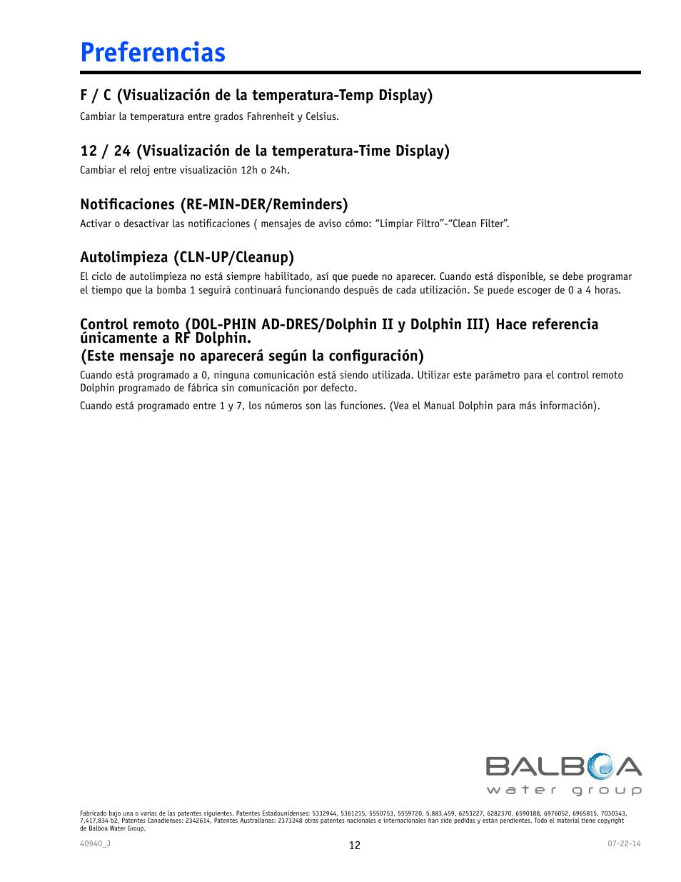 Preferencias | Balboa Water Group TP600 User Manual | Page 12 / 25