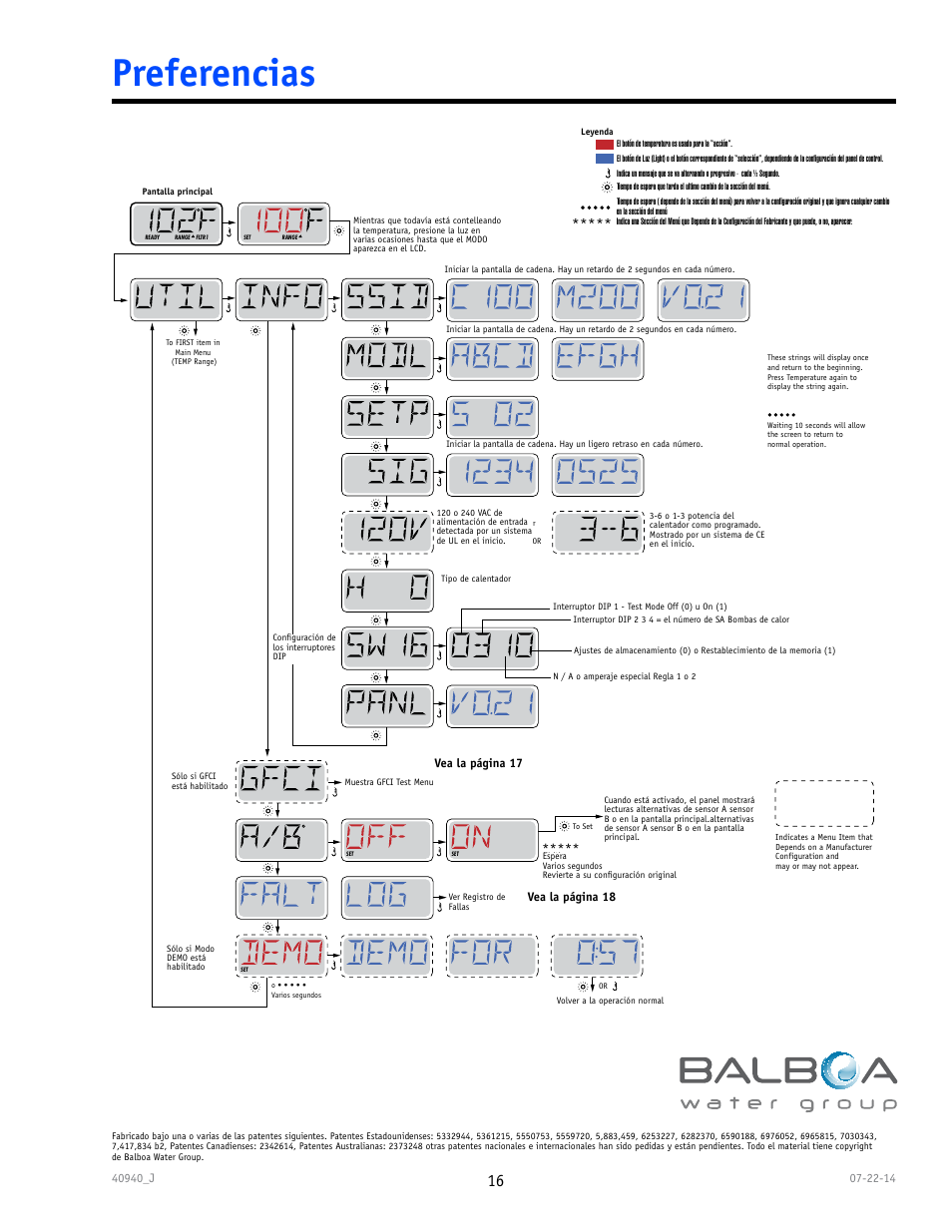 Preferencias, See page 17 see page 18 | Balboa Water Group TP600 User Manual | Page 16 / 25