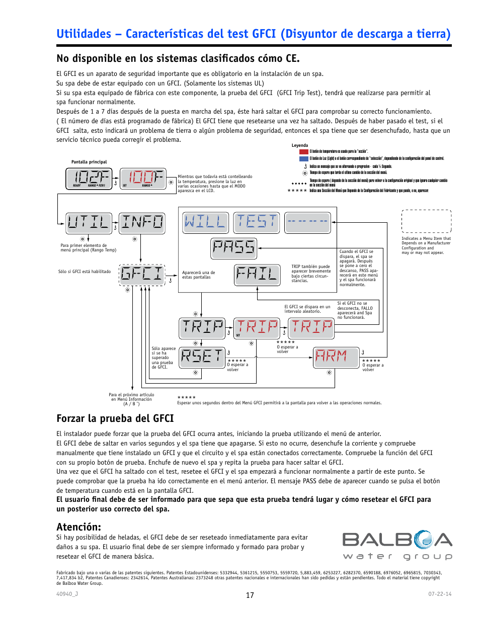 No disponible en los sistemas clasiﬁcados cómo ce, Forzar la prueba del gfci, Atención | Balboa Water Group TP600 User Manual | Page 17 / 25