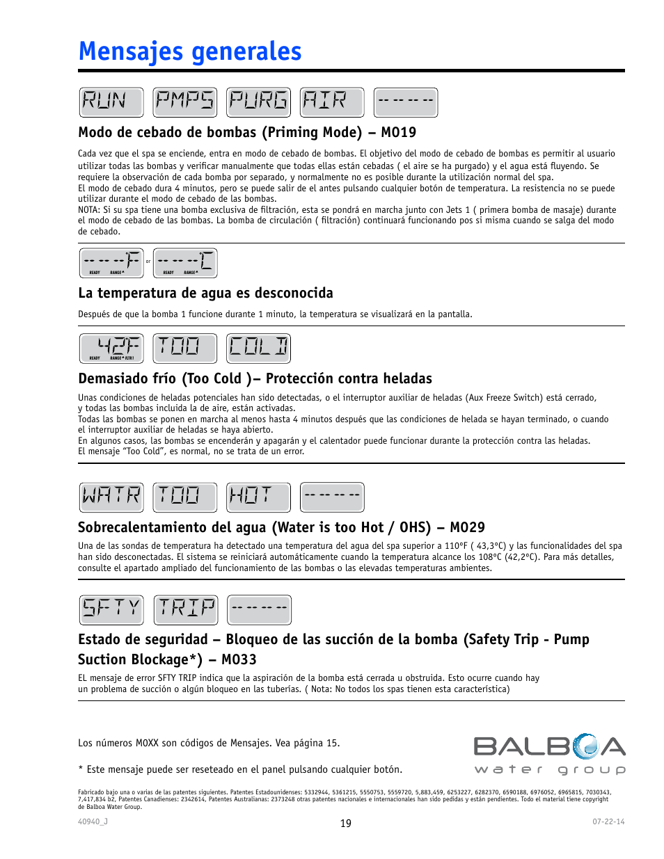 Mensajes generales, Modo de cebado de bombas (priming mode) – m019, La temperatura de agua es desconocida | Balboa Water Group TP600 User Manual | Page 19 / 25