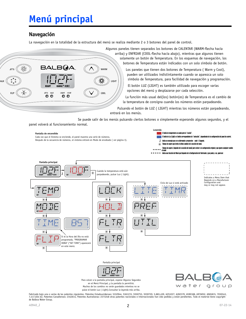 Menú principal, Navegación | Balboa Water Group TP600 User Manual | Page 2 / 25