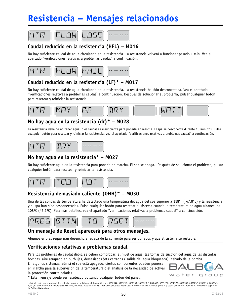 Resistencia – mensajes relacionados | Balboa Water Group TP600 User Manual | Page 20 / 25